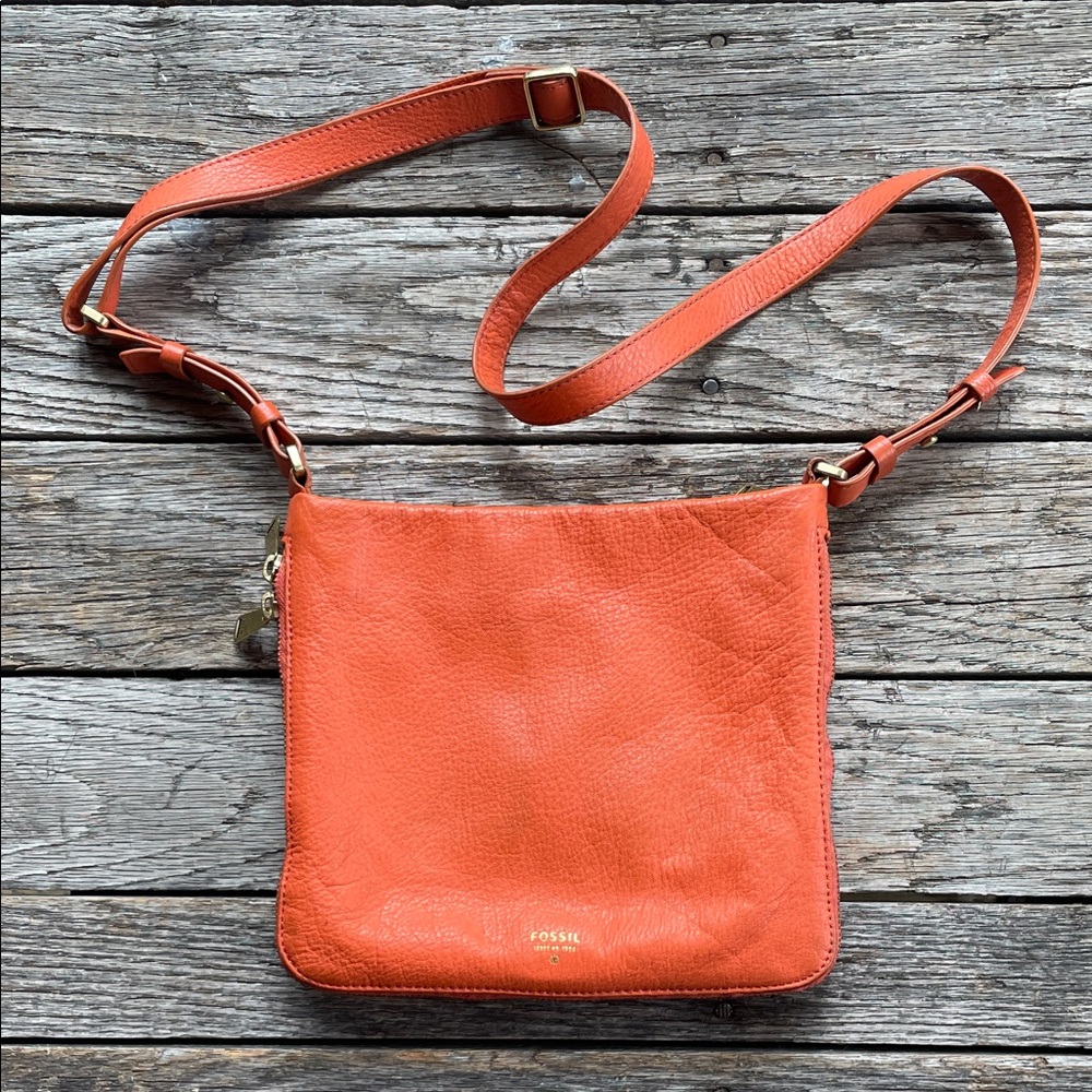 Fossil Orange Pebbled Leather Crossbody Bag